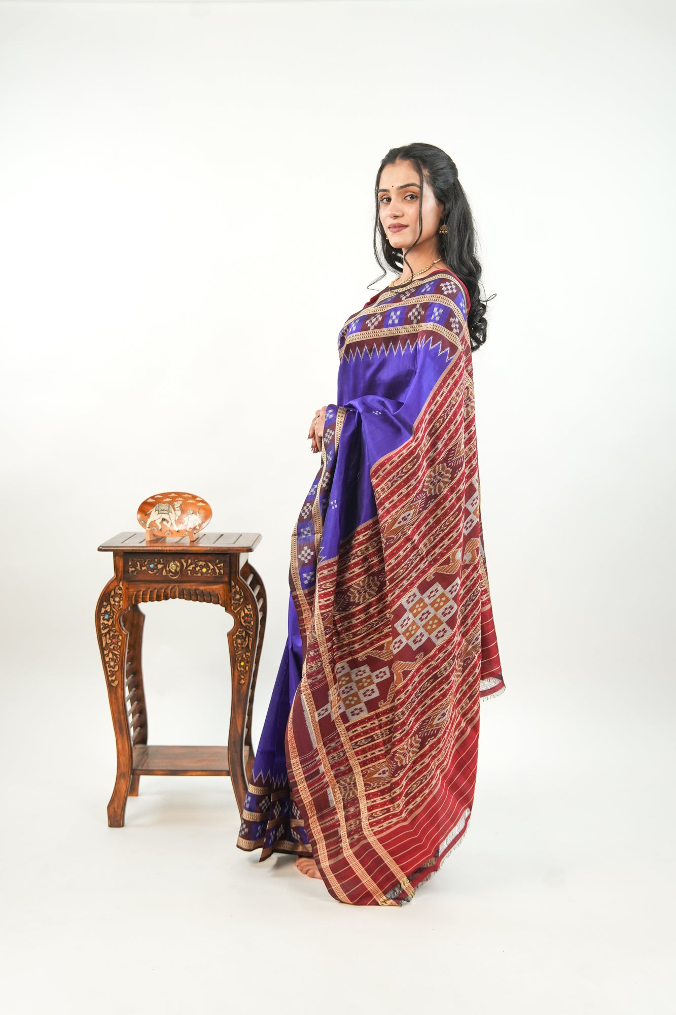 Indigo Blue Khandua Silk Saree with Maroon Geometric Ikat Border