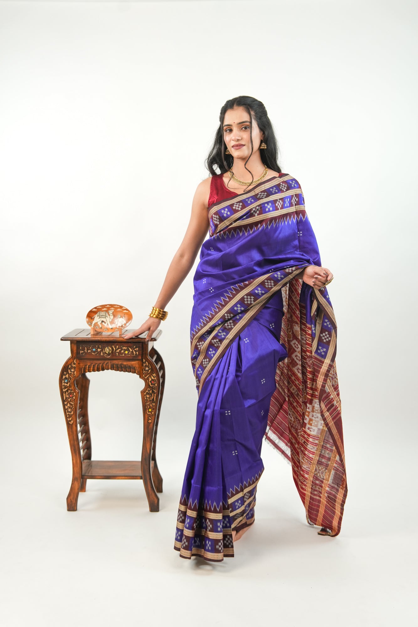 Indigo Blue Khandua Silk Saree with Maroon Geometric Ikat Border
