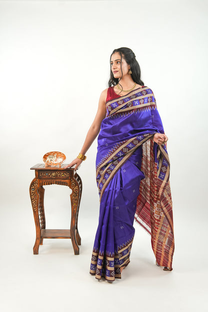 Indigo Blue Khandua Silk Saree with Maroon Geometric Ikat Border