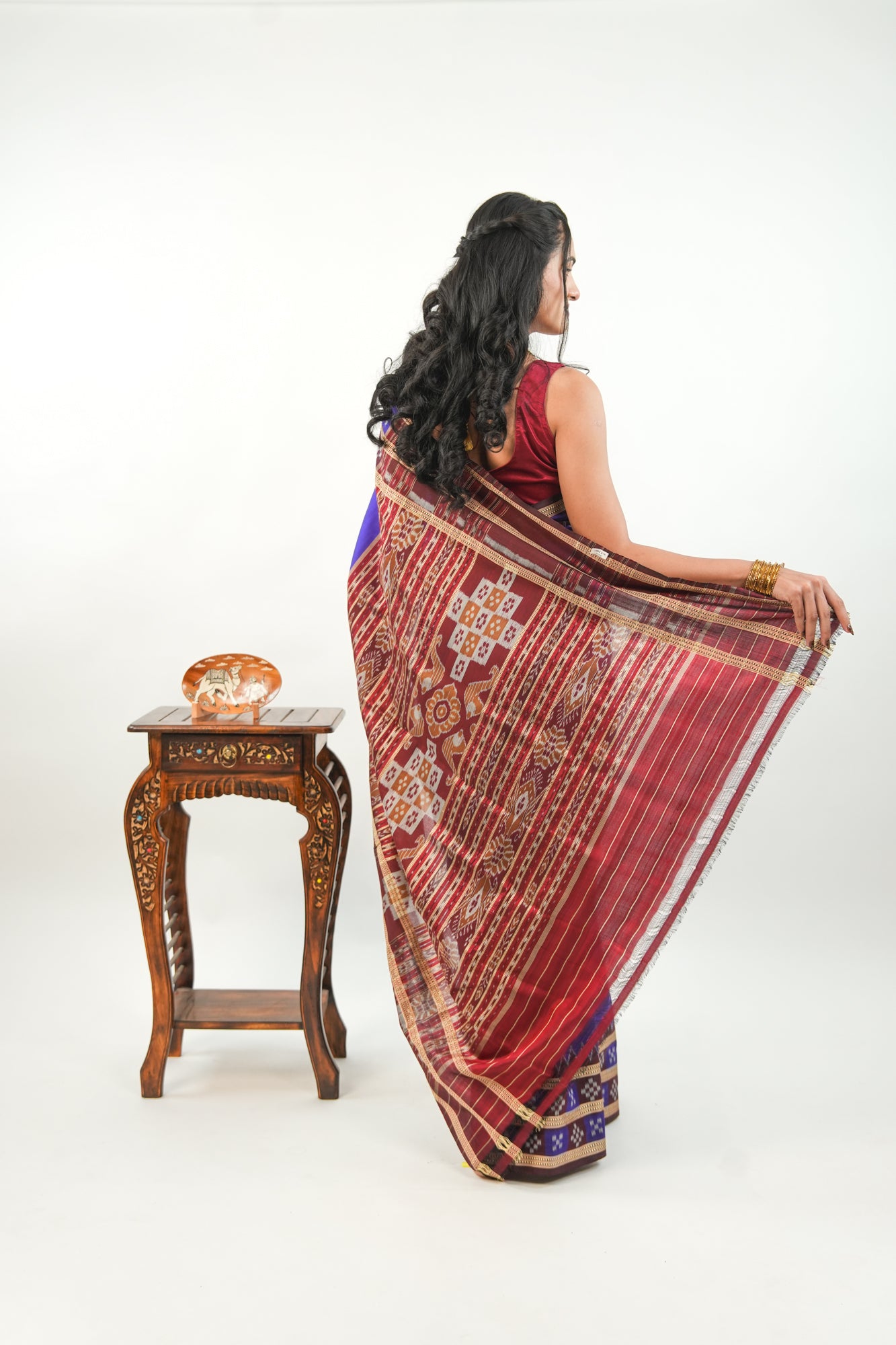 Indigo Blue Khandua Silk Saree with Maroon Geometric Ikat Border
