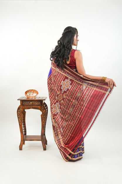 Indigo Blue Khandua Silk Saree with Maroon Geometric Ikat Border