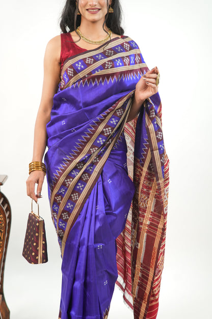 Indigo Blue Khandua Silk Saree with Maroon Geometric Ikat Border