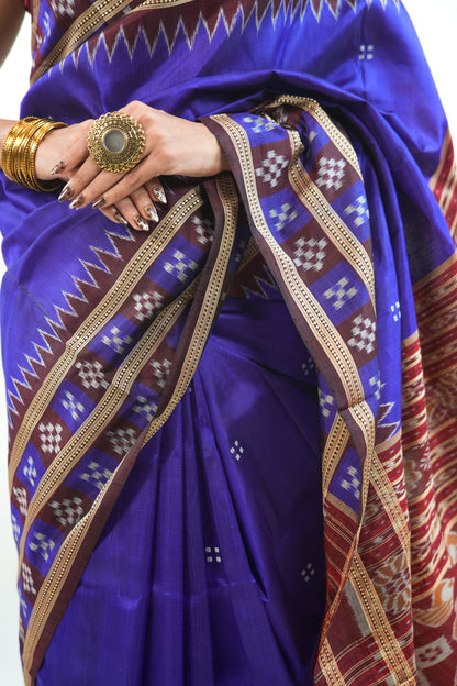 Indigo Blue Khandua Silk Saree with Maroon Geometric Ikat Border