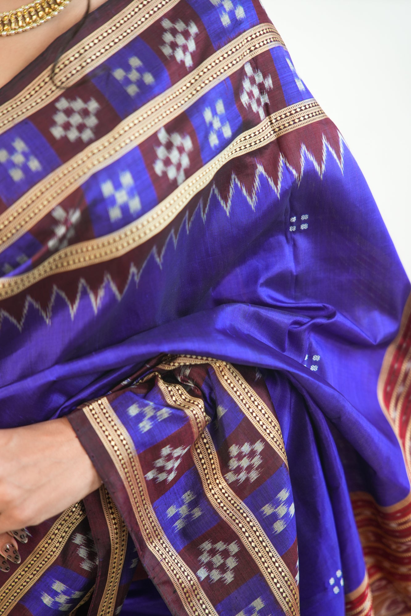 Indigo Blue Khandua Silk Saree with Maroon Geometric Ikat Border