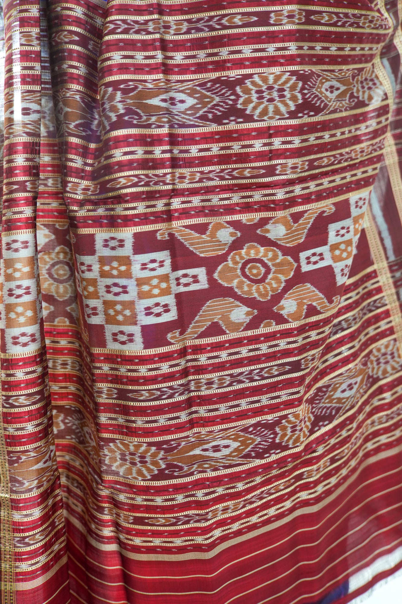 Indigo Blue Khandua Silk Saree with Maroon Geometric Ikat Border