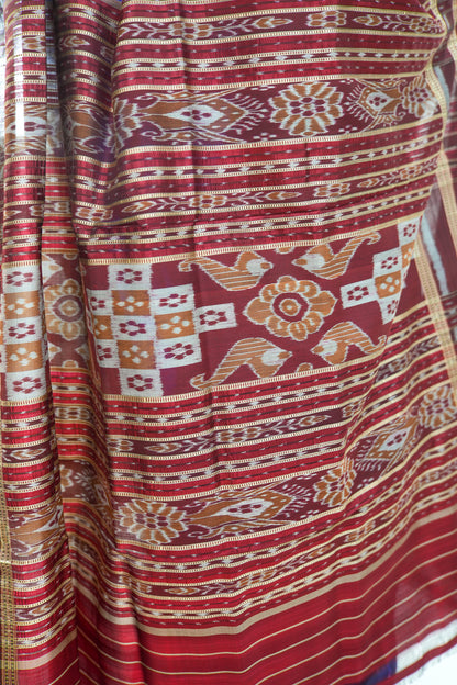 Indigo Blue Khandua Silk Saree with Maroon Geometric Ikat Border