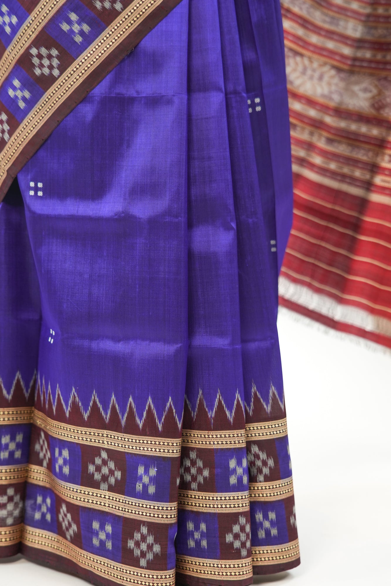 Indigo Blue Khandua Silk Saree with Maroon Geometric Ikat Border