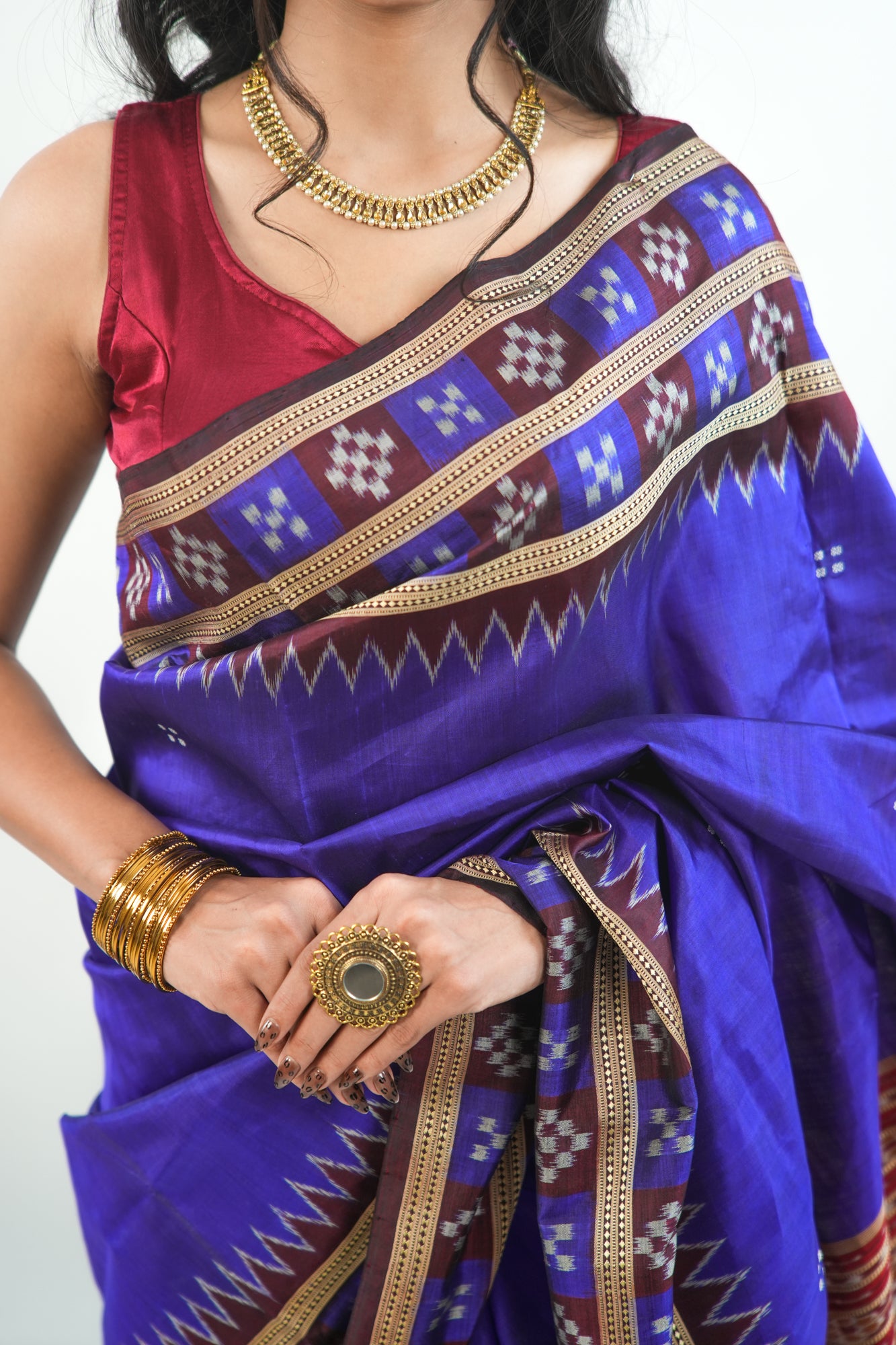 Indigo Blue Khandua Silk Saree with Maroon Geometric Ikat Border
