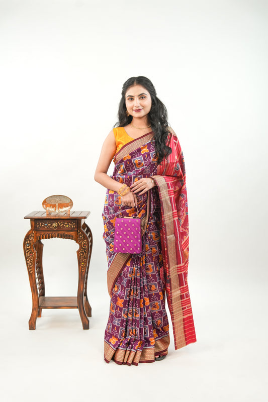 Wine Maroon Khandua Silk Saree with Butterfly & Floral Ikat
