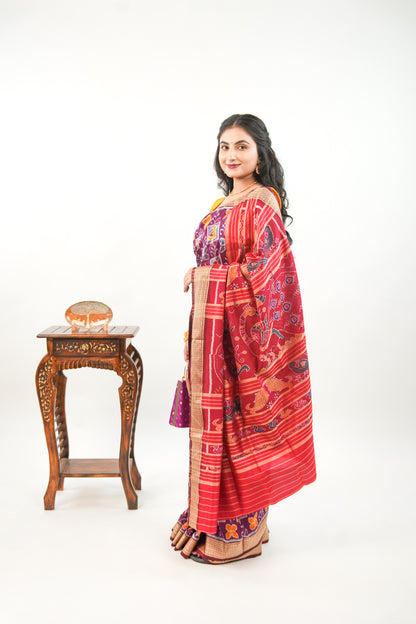 Wine Maroon Khandua Silk Saree with Butterfly & Floral Ikat