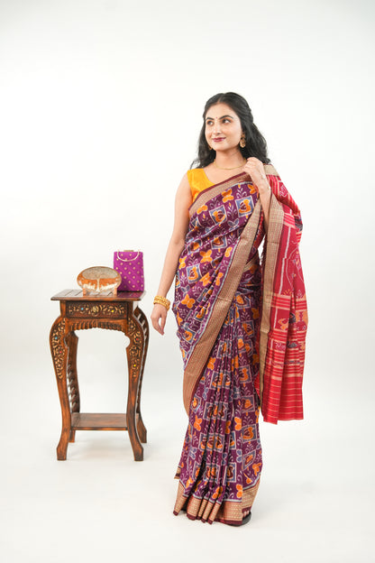 Wine Maroon Khandua Silk Saree with Butterfly & Floral Ikat