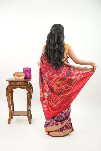 Wine Maroon Khandua Silk Saree with Butterfly & Floral Ikat