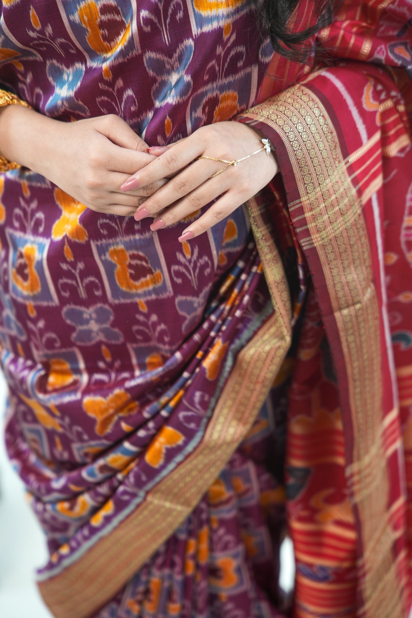 Wine Maroon Khandua Silk Saree with Butterfly & Floral Ikat