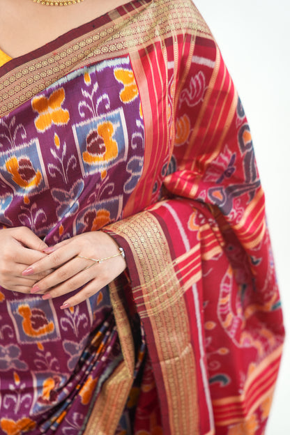 Wine Maroon Khandua Silk Saree with Butterfly & Floral Ikat