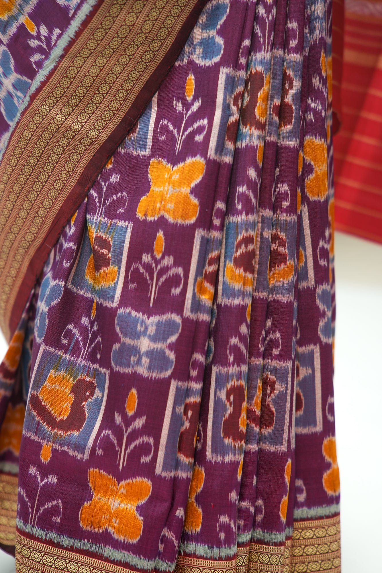 Wine Maroon Khandua Silk Saree with Butterfly & Floral Ikat