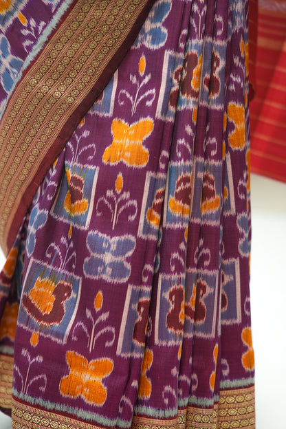 Wine Maroon Khandua Silk Saree with Butterfly & Floral Ikat