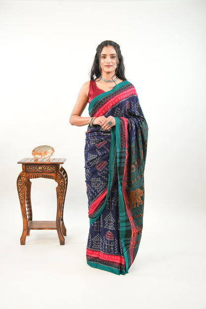 Midnight Blue Sambalpuri Cotton Saree with Temple Ikat Border