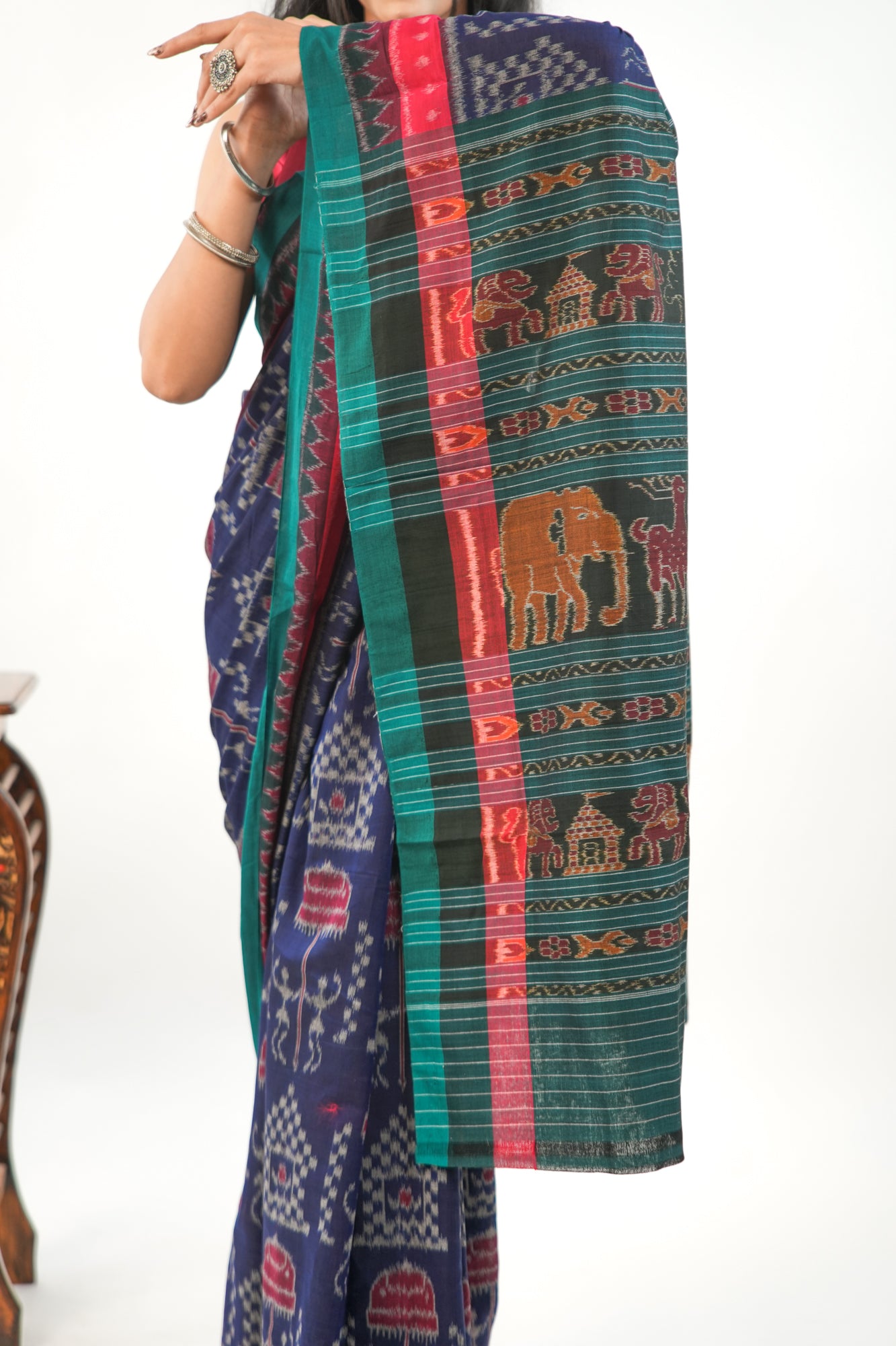 Midnight Blue Sambalpuri Cotton Saree with Temple Ikat Border