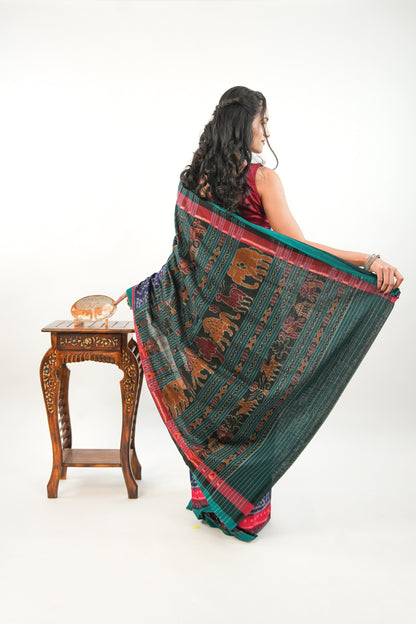 Midnight Blue Sambalpuri Cotton Saree with Temple Ikat Border
