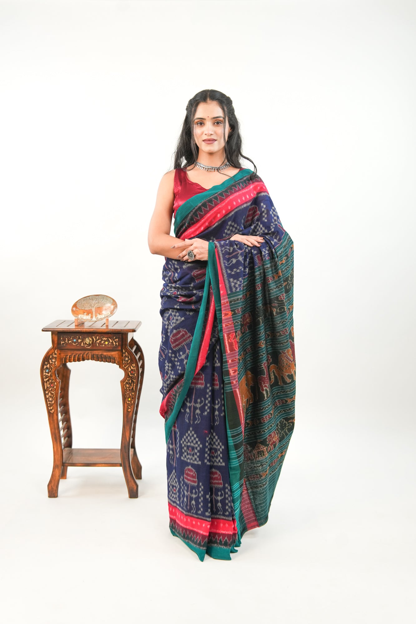 Midnight Blue Sambalpuri Cotton Saree with Temple Ikat Border