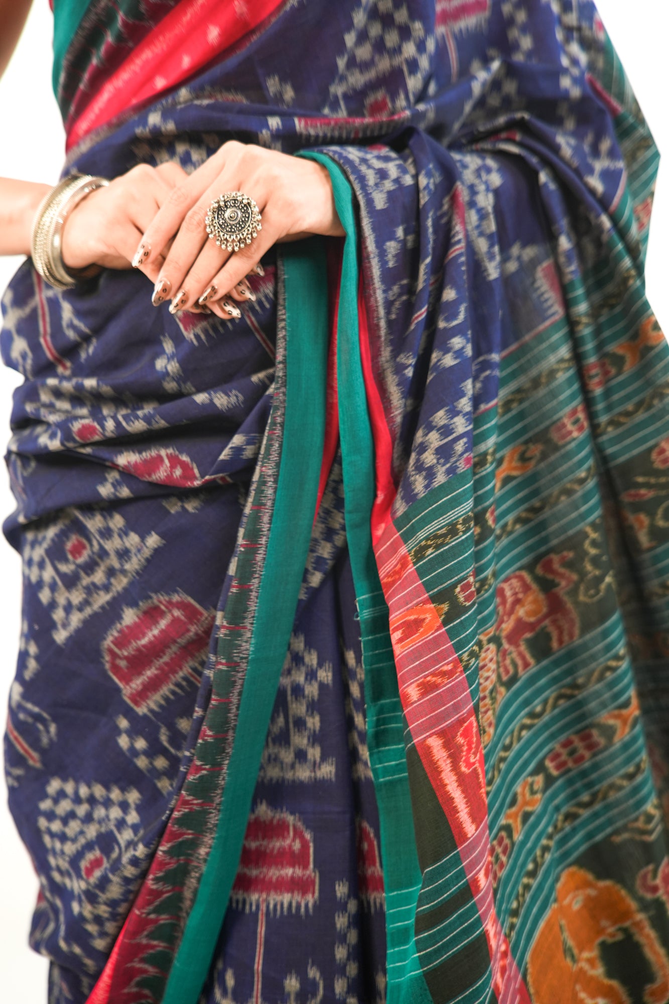 Midnight Blue Sambalpuri Cotton Saree with Temple Ikat Border