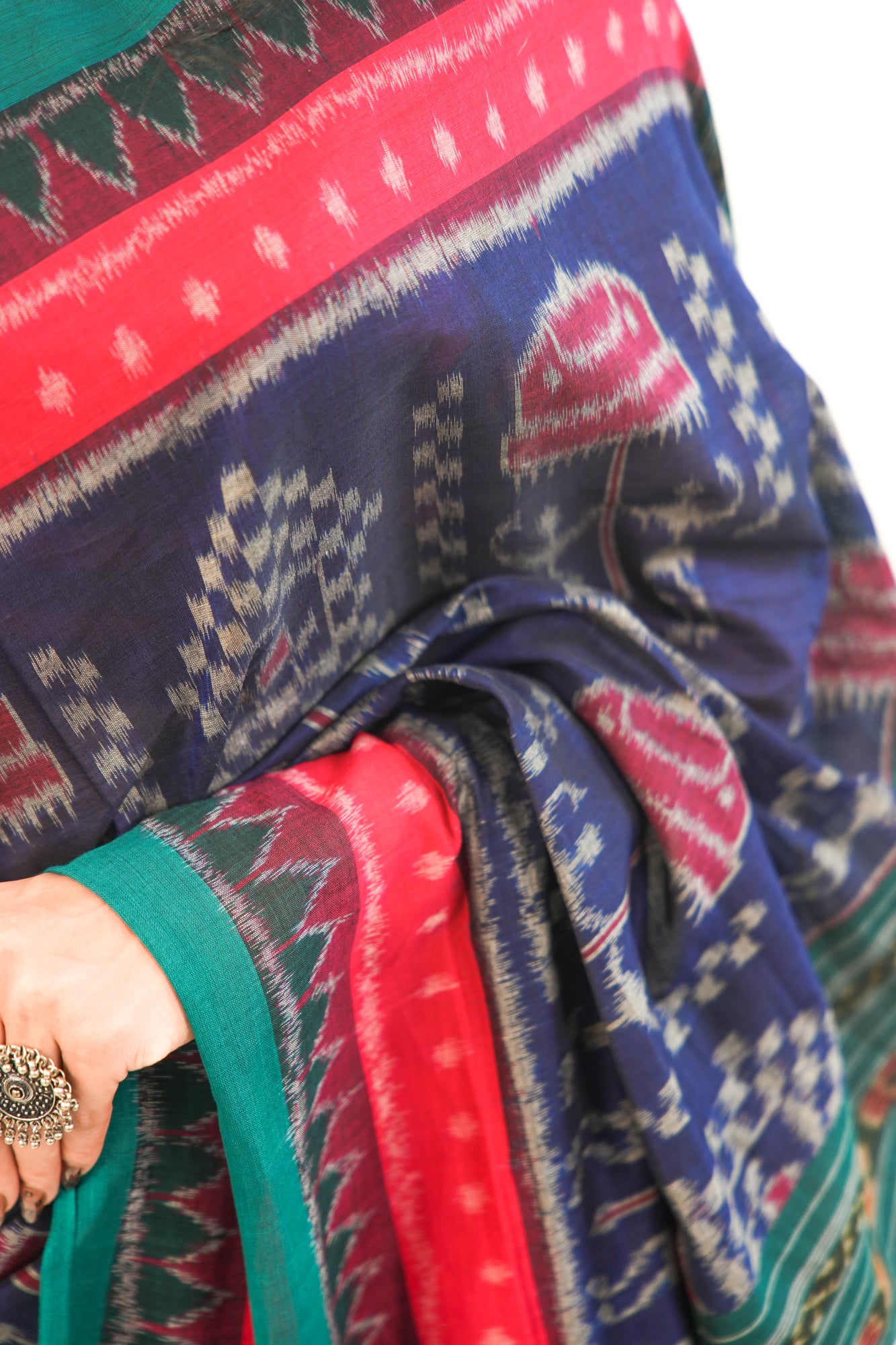 Midnight Blue Sambalpuri Cotton Saree with Temple Ikat Border