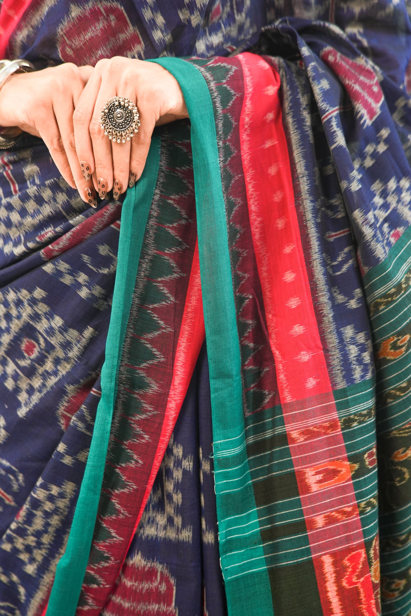 Midnight Blue Sambalpuri Cotton Saree with Temple Ikat Border