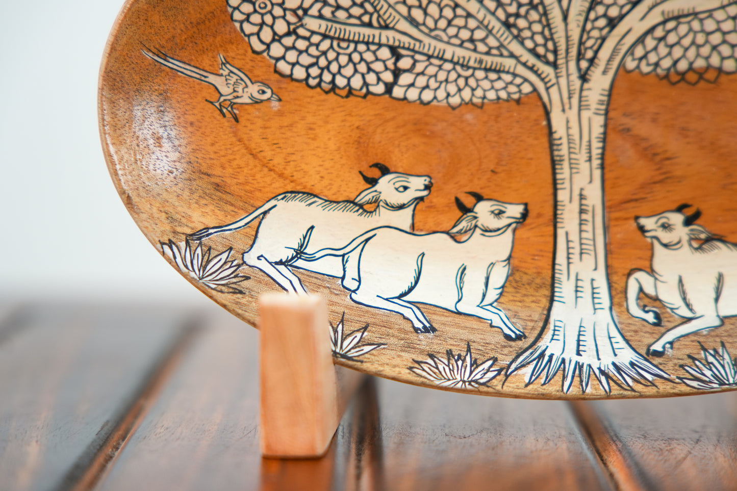 Four Cows Under a Leafy Tree with Birds | Pattachitra painting plate