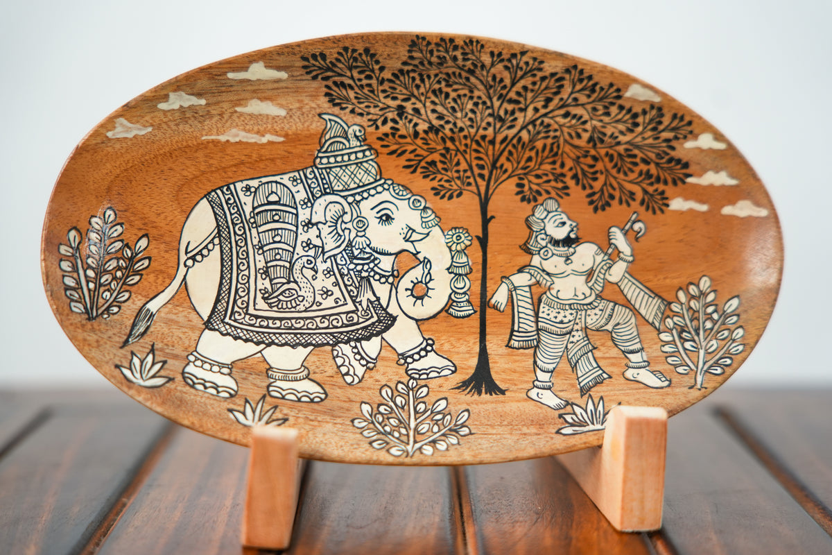 Royal Elephant with Traditional Attendant | Pattachitra painting plate