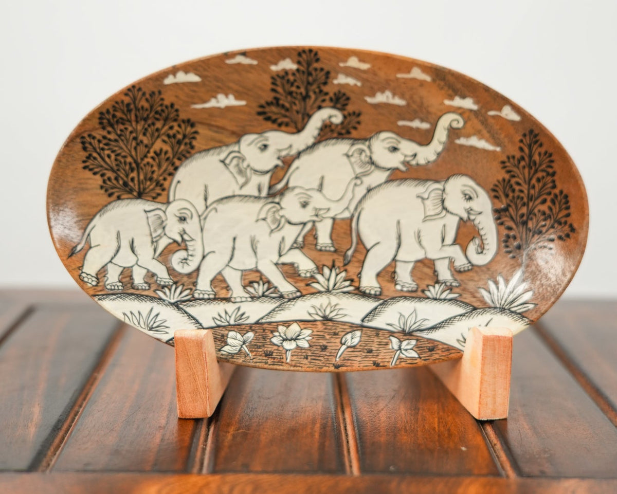 Herd of Five Elephants in a Traditional Landscape | Pattachitra painting plate