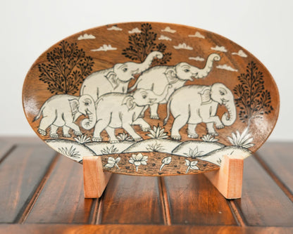 Herd of Five Elephants in a Traditional Landscape | Pattachitra painting plate