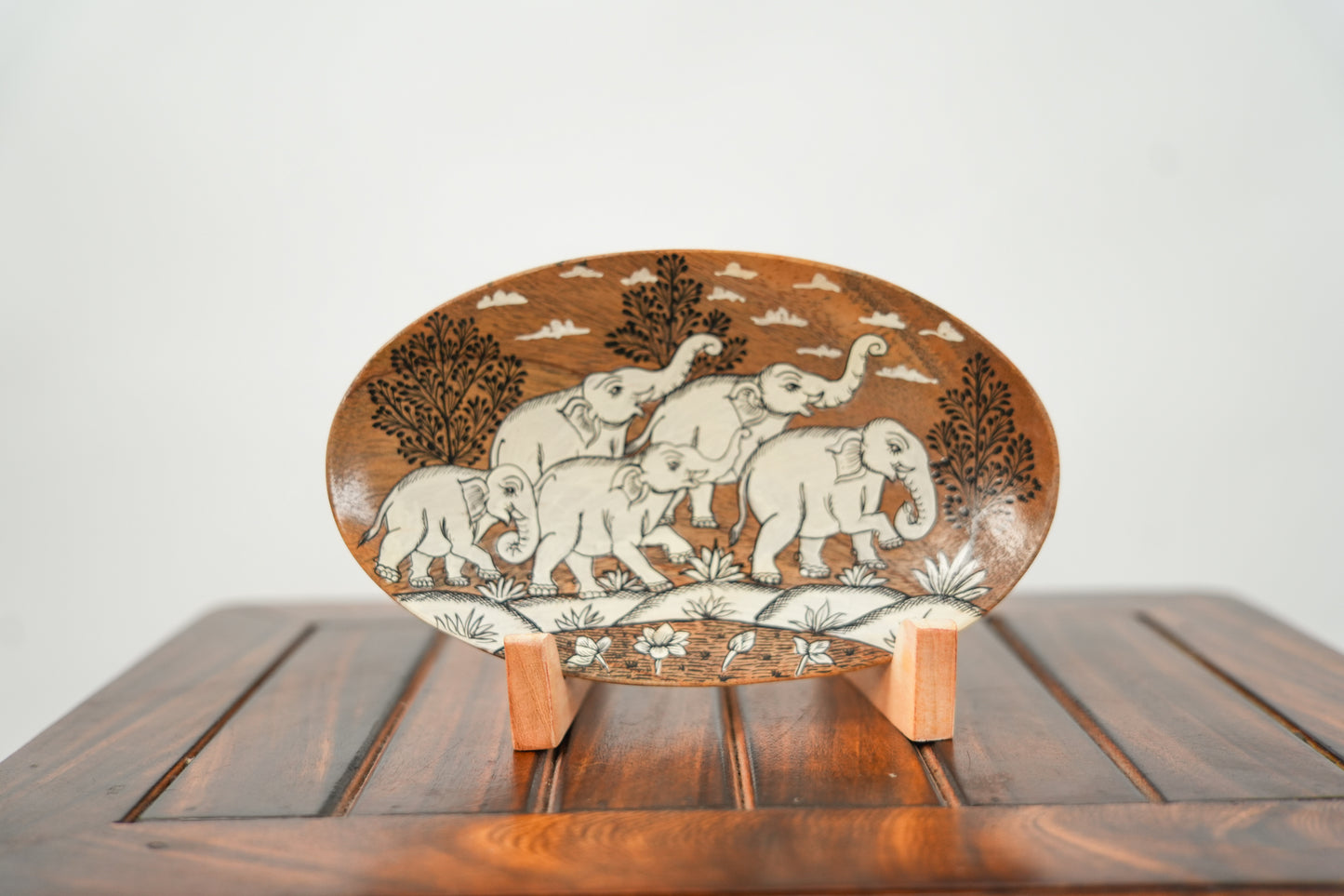 Herd of Five Elephants in a Traditional Landscape | Pattachitra painting plate