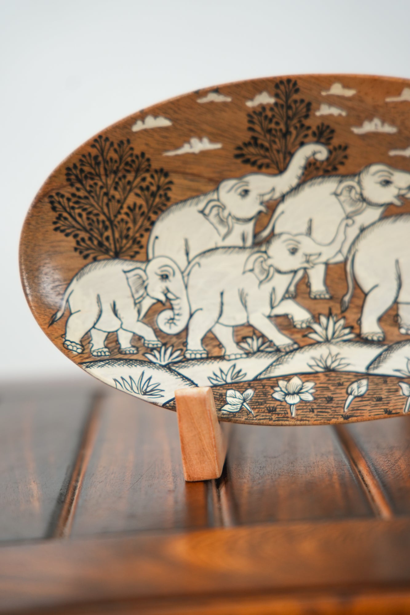 Herd of Five Elephants in a Traditional Landscape | Pattachitra painting plate