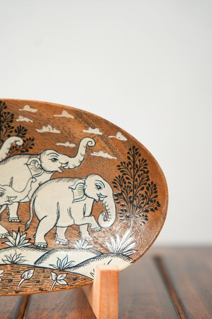 Herd of Five Elephants in a Traditional Landscape | Pattachitra painting plate