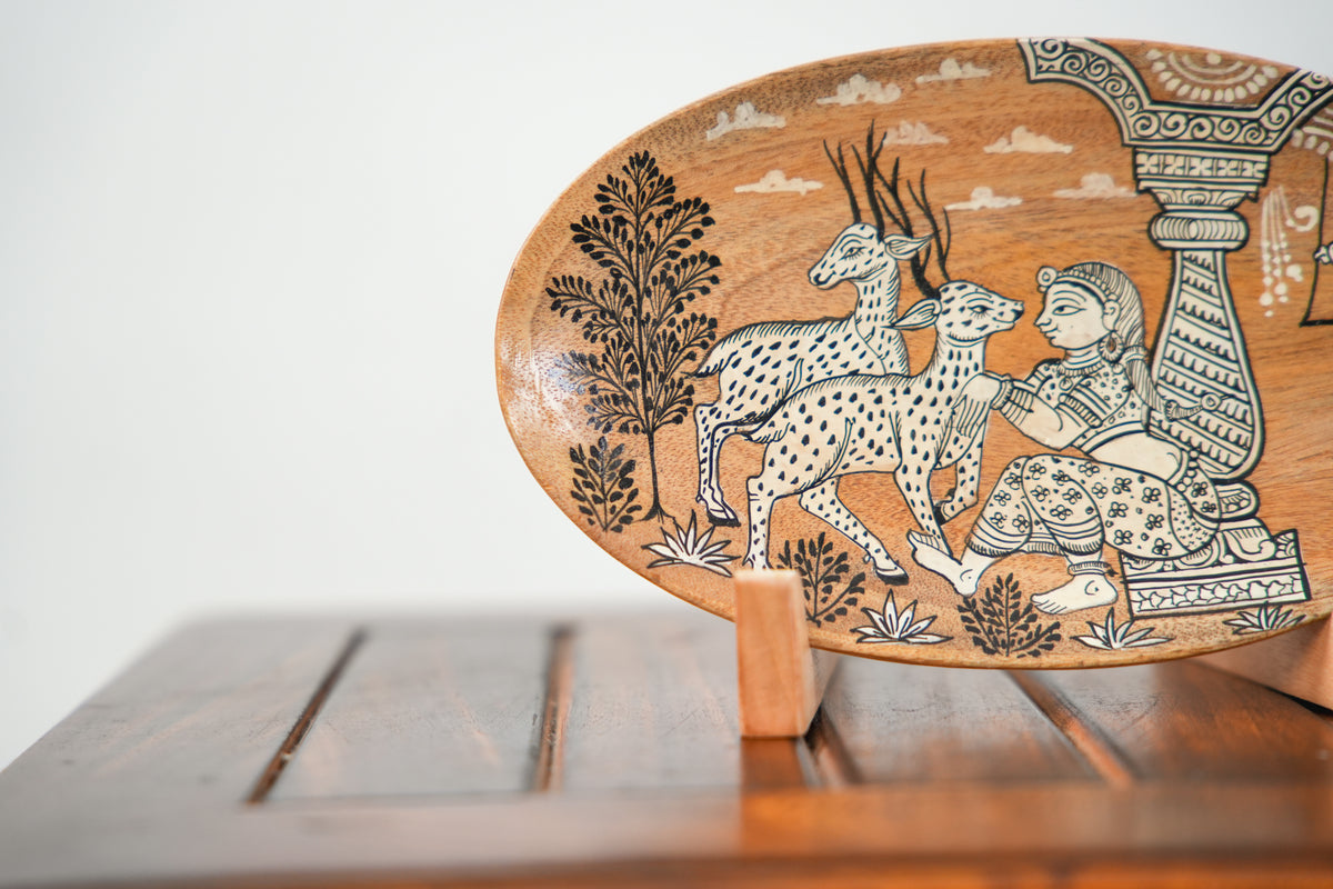 Seated Woman with Deer Under a Pillared Canopy | Pattachitra painting plate