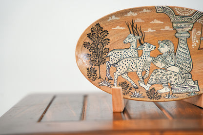 Seated Woman with Deer Under a Pillared Canopy | Pattachitra painting plate