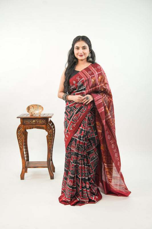 Brick Red & Black Khandua Silk Saree with Animal Ikat Motifs
