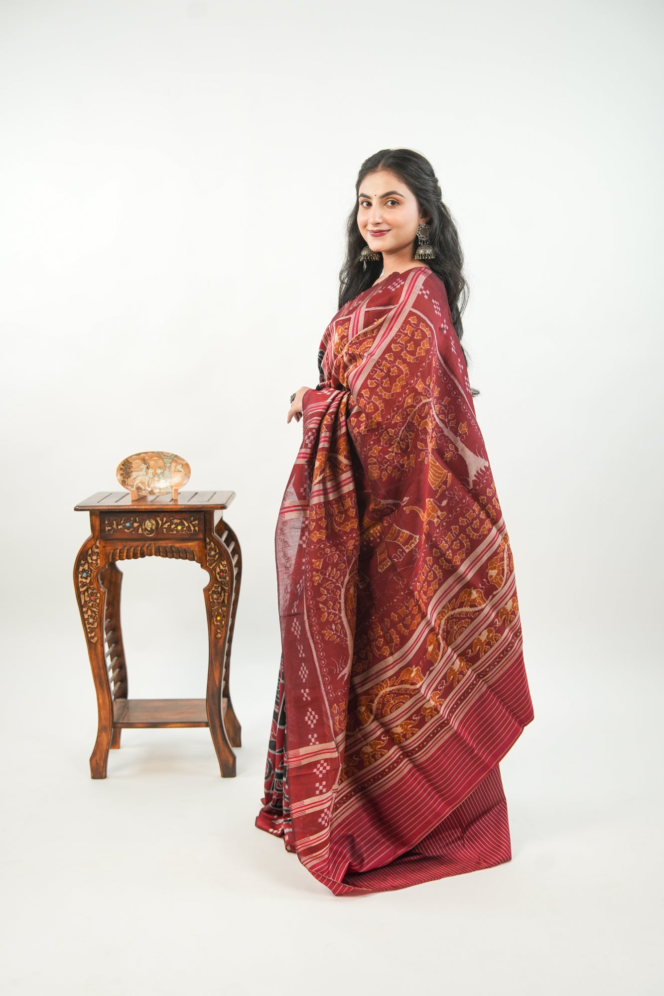 Brick Red & Black Khandua Silk Saree with Animal Ikat Motifs