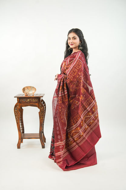 Brick Red & Black Khandua Silk Saree with Animal Ikat Motifs