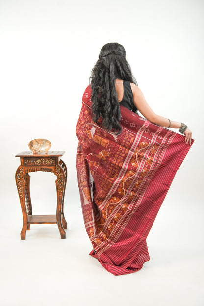 Brick Red & Black Khandua Silk Saree with Animal Ikat Motifs