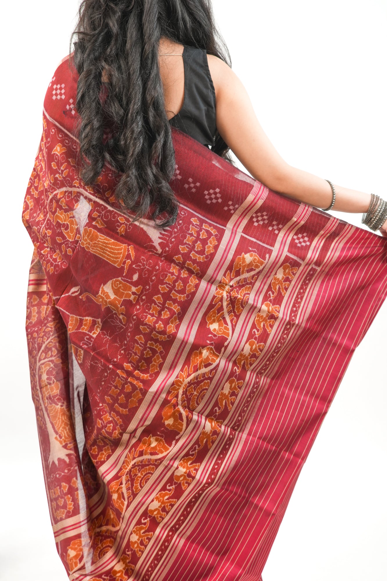 Brick Red & Black Khandua Silk Saree with Animal Ikat Motifs