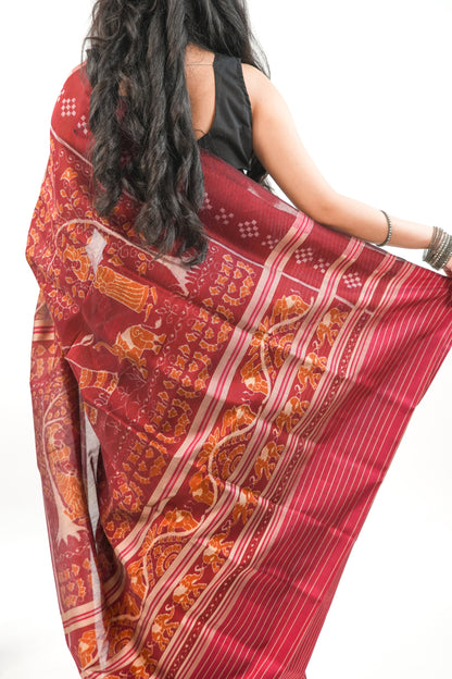 Brick Red & Black Khandua Silk Saree with Animal Ikat Motifs