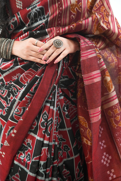 Brick Red & Black Khandua Silk Saree with Animal Ikat Motifs