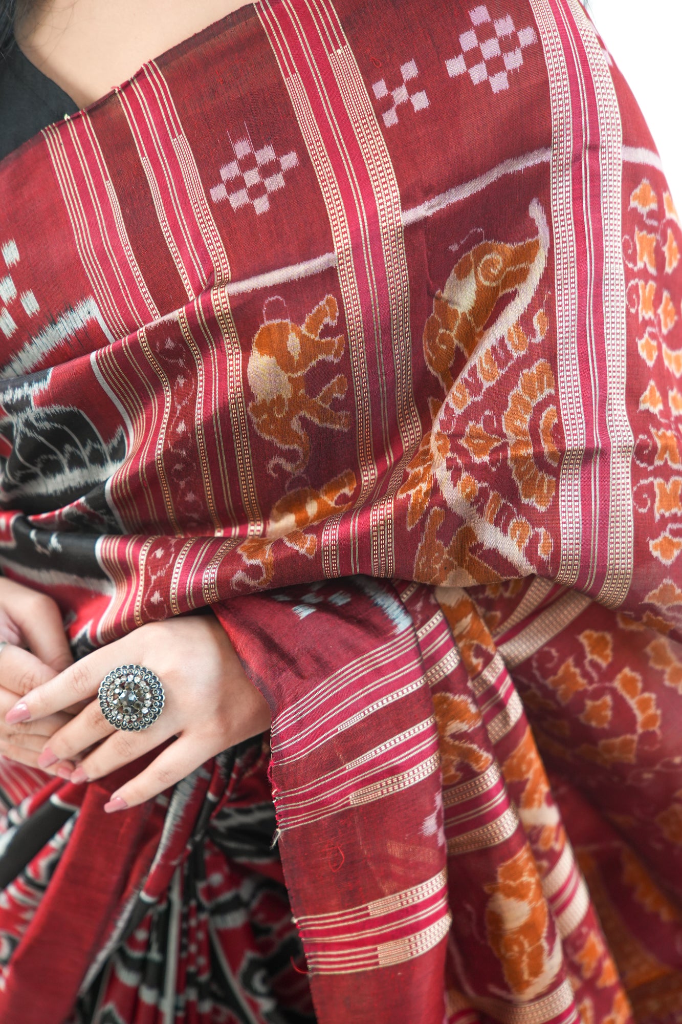Brick Red & Black Khandua Silk Saree with Animal Ikat Motifs