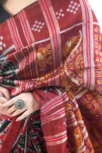 Brick Red & Black Khandua Silk Saree with Animal Ikat Motifs