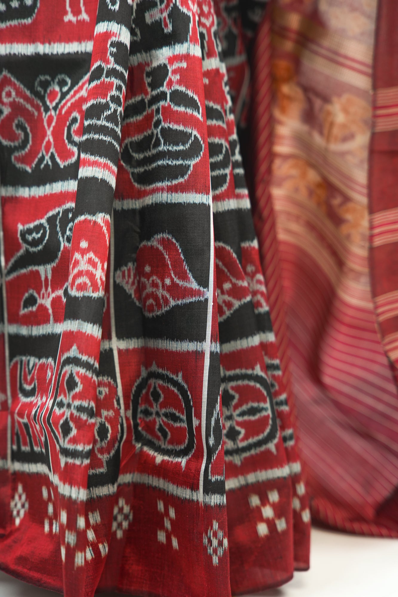 Brick Red & Black Khandua Silk Saree with Animal Ikat Motifs