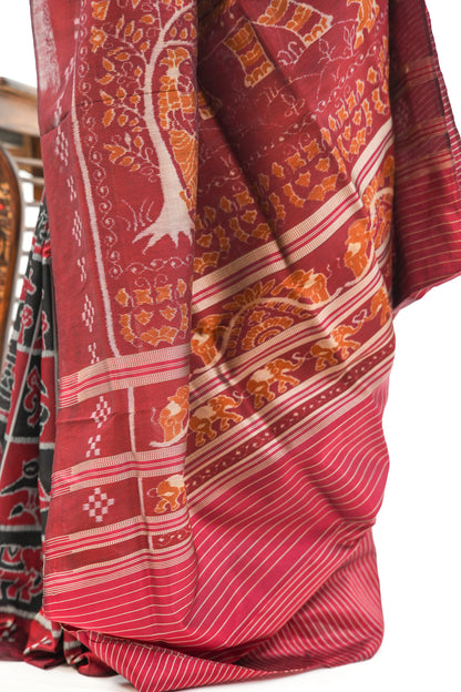 Brick Red & Black Khandua Silk Saree with Animal Ikat Motifs