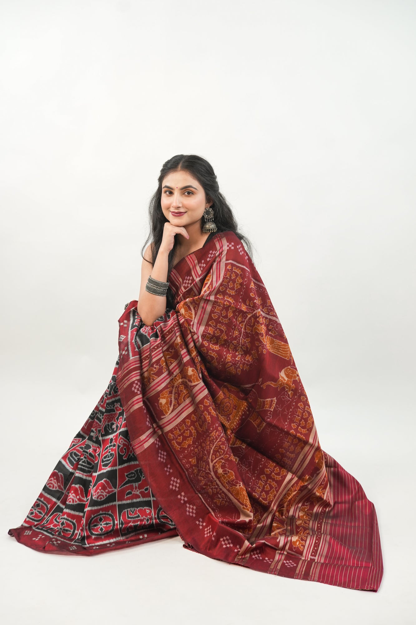 Brick Red & Black Khandua Silk Saree with Animal Ikat Motifs
