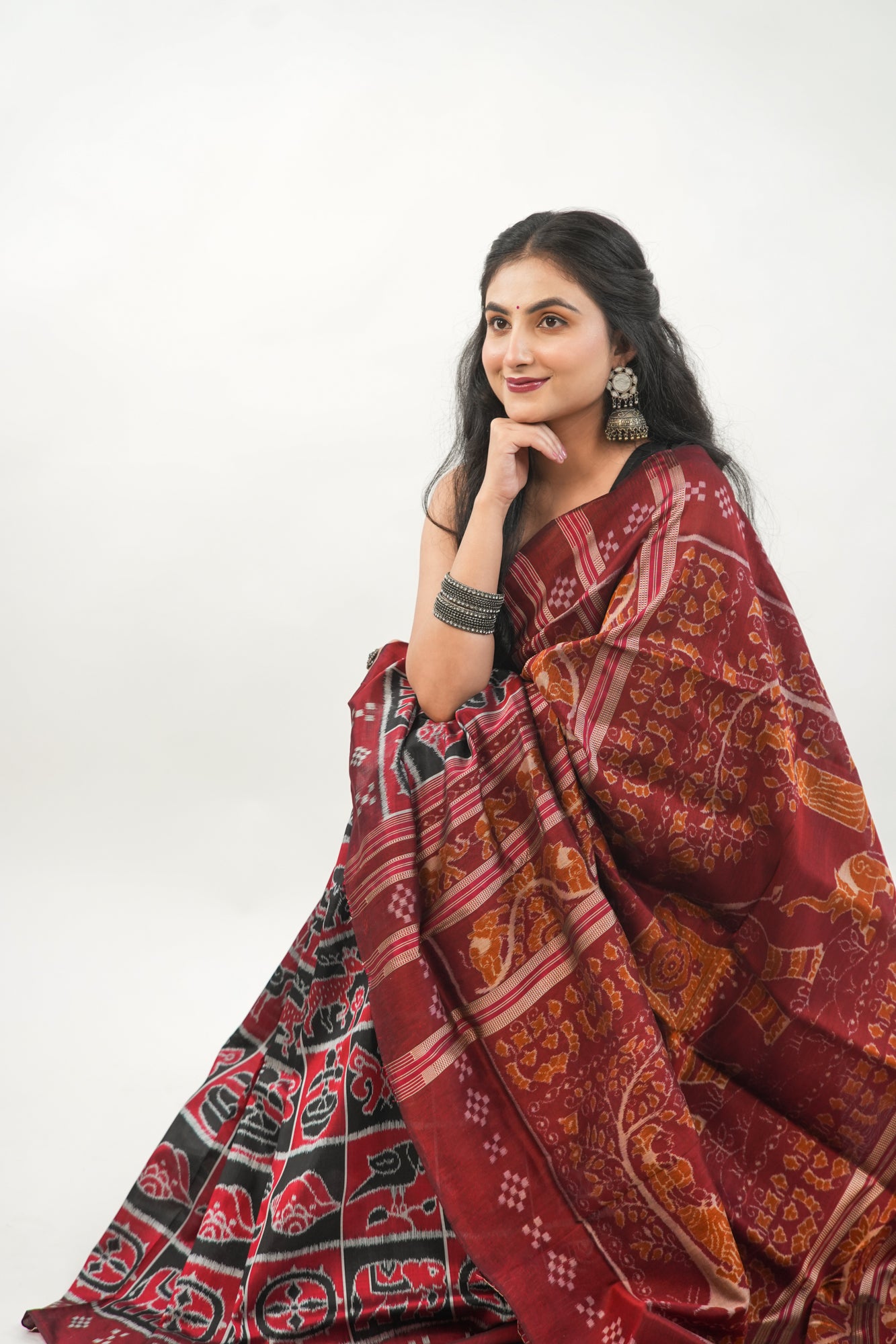 Brick Red & Black Khandua Silk Saree with Animal Ikat Motifs