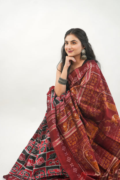 Brick Red & Black Khandua Silk Saree with Animal Ikat Motifs